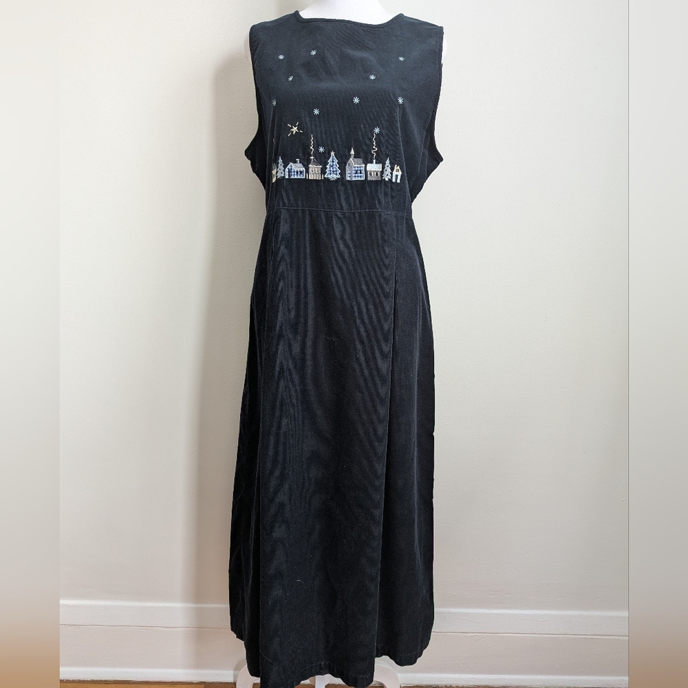 VTG Woolrich Winter Scene Navy Pinwale Corduroy Jumper Dress Seasonal Holiday